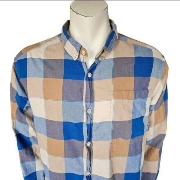 Columbia Mens L Button Down Shirt Plaid Long Sleeve Casual Cotton Blue Tan - Picture 2 of 6